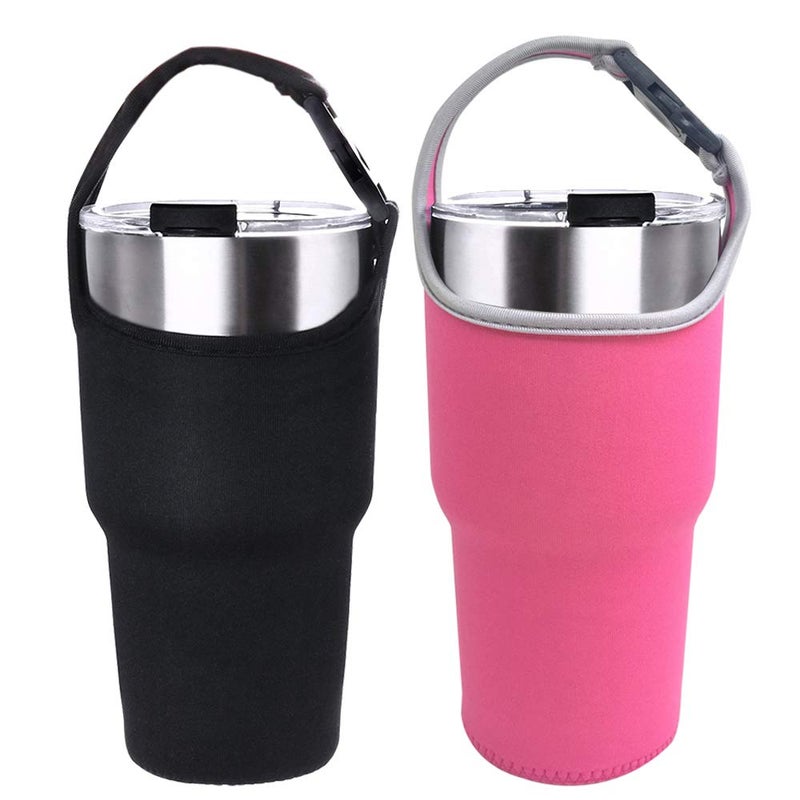 DanziX 2 Pack Tumbler Carrier Holder Pouch for All 30oz Stainless Steel Travel Insulated Coffee Mug,DanziX Neoprene Sleeve with Carrying Handle,Fit for YETI Rambler Ozark Trail Rtic and More-Black,Rosy - Image 1